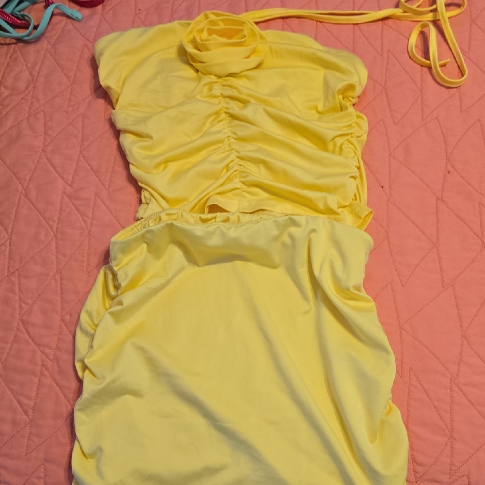 Yellow Ruched Halter And Skirt